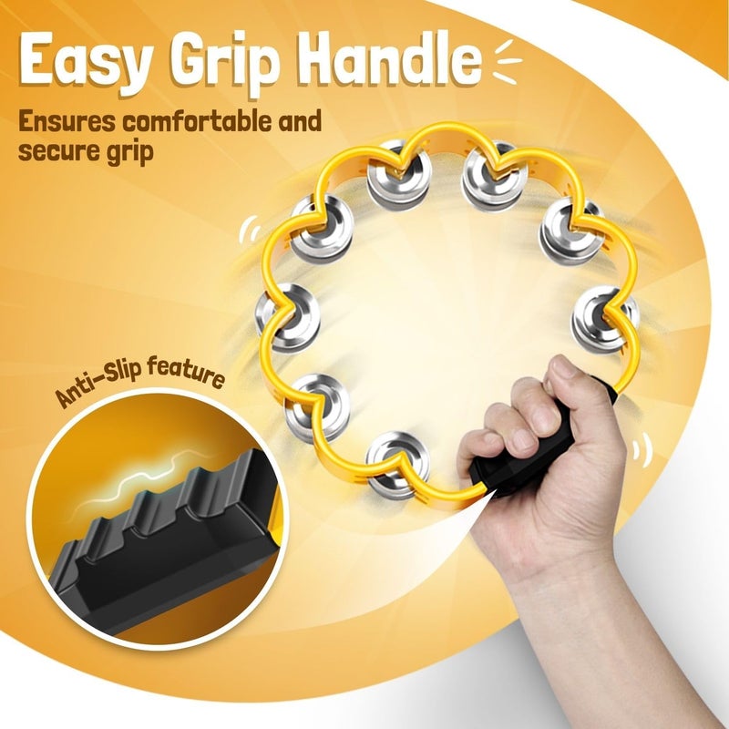 Flexzion Flower Tambourine - 8 Inch Handheld Percussion Instrument w/Metal Jingles & Ergonomic Grip - Small Tambourines for Adults, Kids, Church, Parties, & Musical Events (Yellow) - Image 4